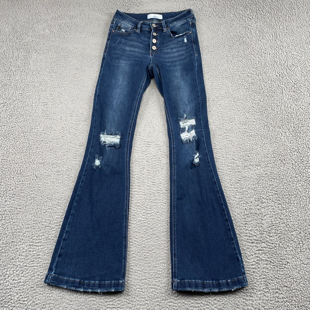 KanCan Jeans Womens 7/27 Blue KC6327D Flare Distressed High Rise Button Fly